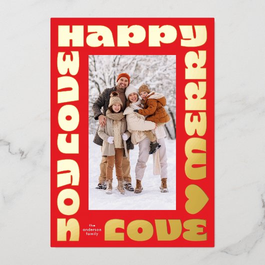 Helder rood vet goud moderne kerstfoto folie feestdagenkaart (Voorkant)