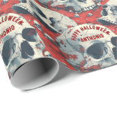 Helder rood zwart grijs schedels gotisch cadeaupapier (Rol Hoek)