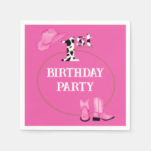 Helder roze 1e verjaardagsfeest of aangepaste teks servet