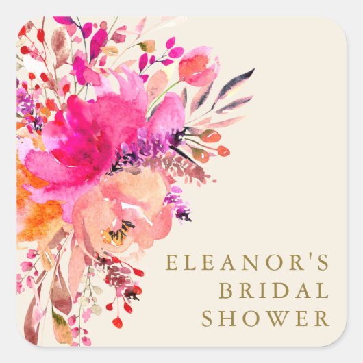 Helder Roze Aquarel Bloem Bruiloft Borrel Custom Vierkante Sticker (Voorkant)