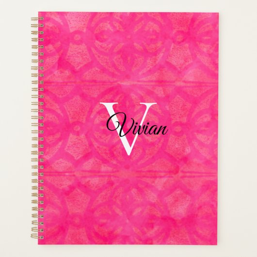 Helder roze batik Elegant Monogram Naam Planner (Voorkant)