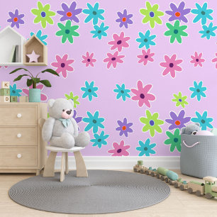 Helder roze blauw Paarse limoen groen bloemenpatro Behang