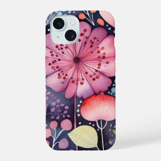 Helder Roze Bloem Waterverf Boho iPhone 15 Case (Achterkant)