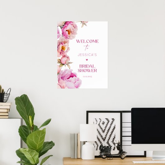 Helder roze bloemblaadjes en prosecco bruids welko poster (Thuiskantoor)