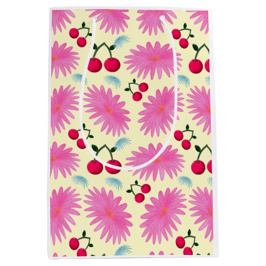 Helder Roze Bloemen Kersen Patroon | Schattig Kawa Medium Cadeauzakje (Voorkant)