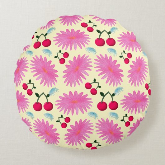 Helder Roze Bloemen Kersen Patroon | Schattig Kawa Rond Kussen (Voorkant)