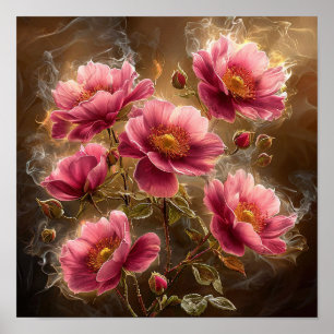 🌸 Helder Roze Bloemen Met Zachte Rook Ethisch Poster
