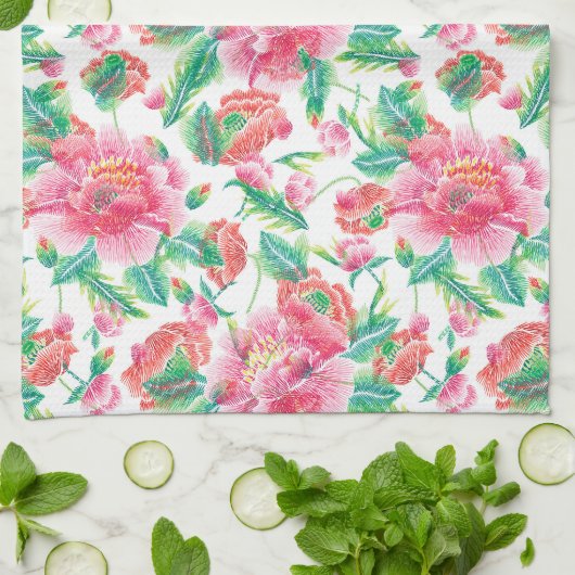 Helder Roze Bloemen Patroon Girly Design Theedoek (Gevouwen)