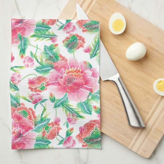 Helder Roze Bloemen Patroon Girly Design Theedoek (Quarter Fold)