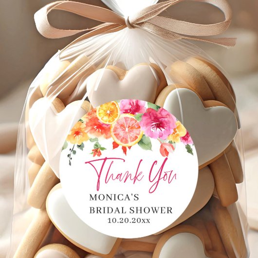 Helder Roze Bloemen Sinaasappel Snede Bruidsdouche Ronde Sticker