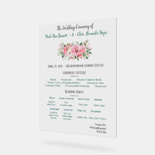 Helder Roze Bloemen Trouwprogramma Acryl Bord (Hoek)