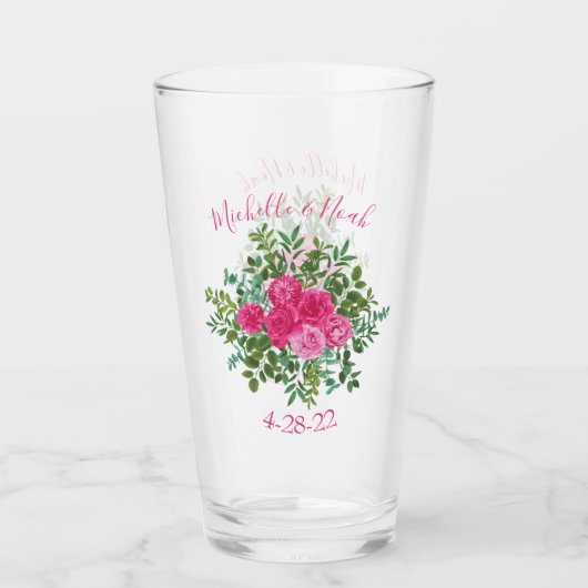 Helder roze bloemenbruiloft glas (Voorkant)