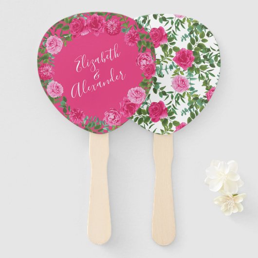 Helder roze bloemenbruiloft handwaaier (Voorkant en achterkant)