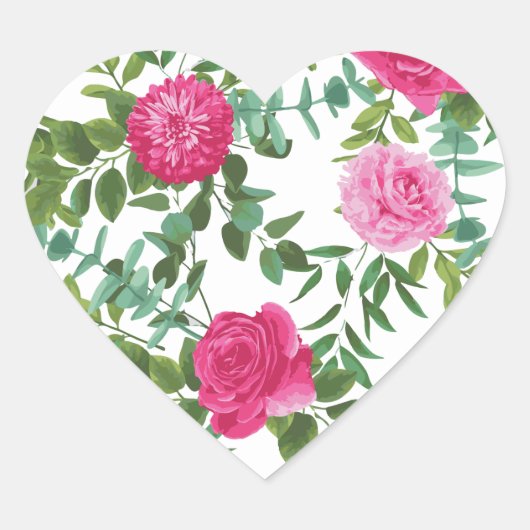 Helder roze bloemenbruiloft hart sticker (Voorkant)
