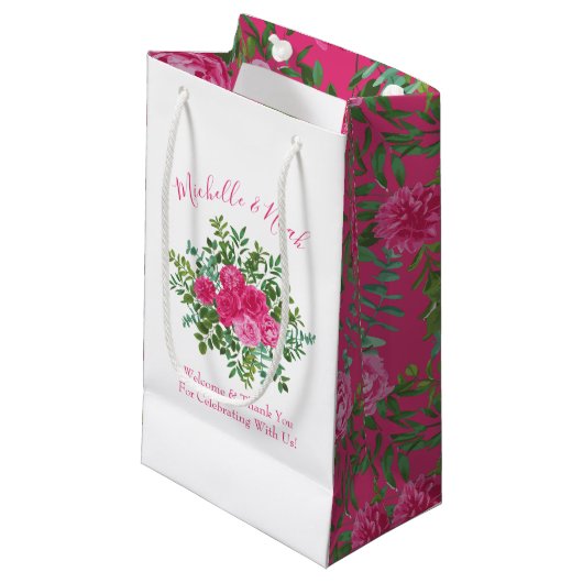 Helder roze bloemenbruiloft klein cadeauzakje (Voorkant Gekanteld)