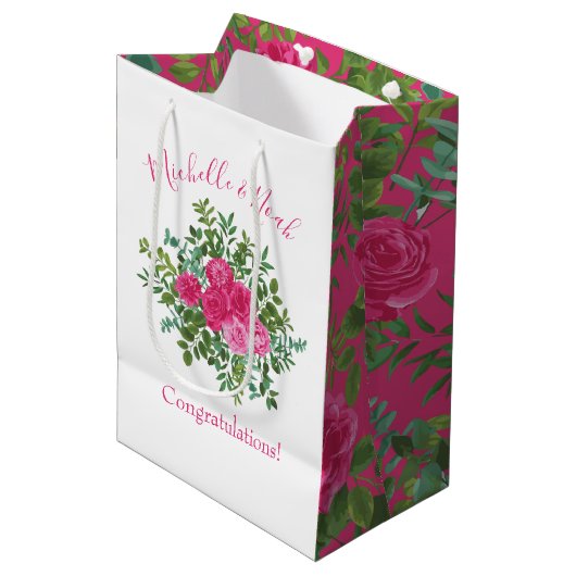 Helder roze bloemenbruiloft medium cadeauzakje (Voorkant Gekanteld)