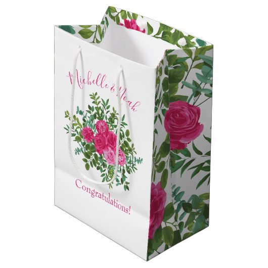 Helder roze bloemenbruiloft medium cadeauzakje (Voorkant Gekanteld)