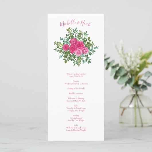 Helder roze bloemenbruiloft menu (Staand voorkant)