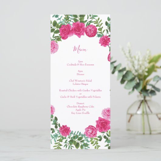 Helder roze bloemenbruiloft menu (Staand voorkant)