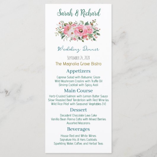 Helder roze bloemenbruiloft menu (Voorkant)