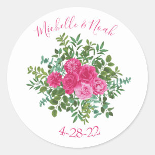 Helder roze bloemenbruiloft ronde sticker