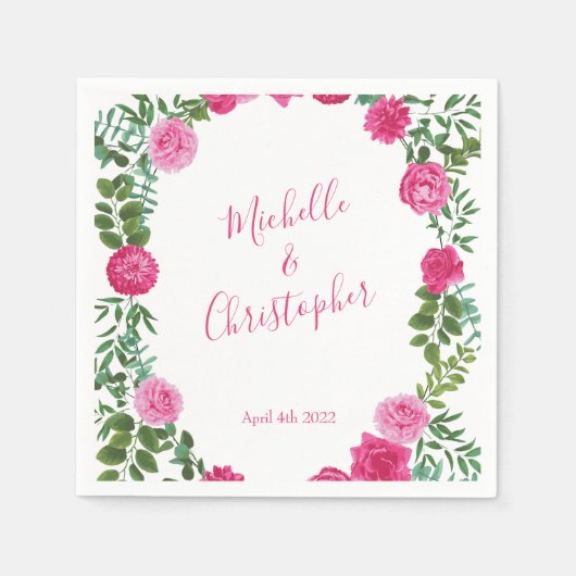 Helder roze bloemenbruiloft servet (Voorkant)