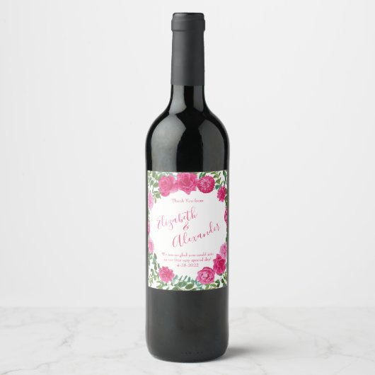 Helder roze bloemenbruiloft wijn etiket (Voorkant)