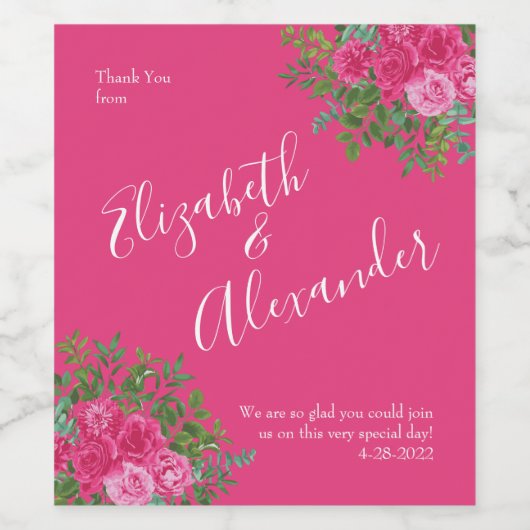 Helder roze bloemenbruiloft wijn etiket (Enkel label)