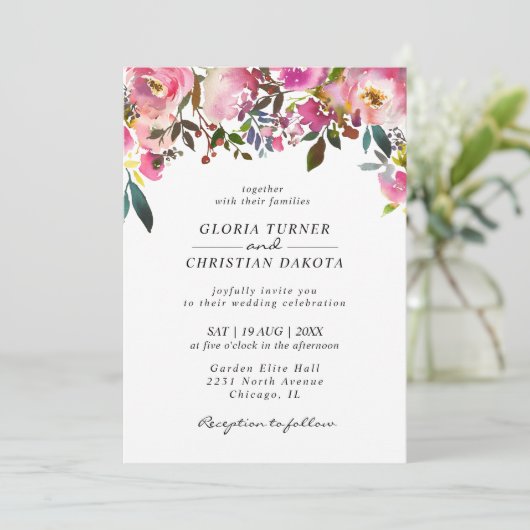 Helder Roze Bloemengrens Bruiloft Uitnodiging (Staand voorkant)