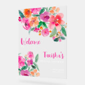 Helder roze bloemenschrift bruiloft welcome  acryl bord (Hoek)