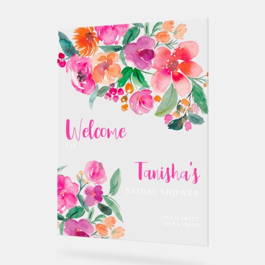 Helder roze bloemenschrift bruiloftswelcome  acryl bord (Hoek)