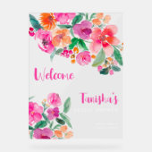 Helder roze bloemenschrift bruiloftswelkom  acryl bord (Voorkant)