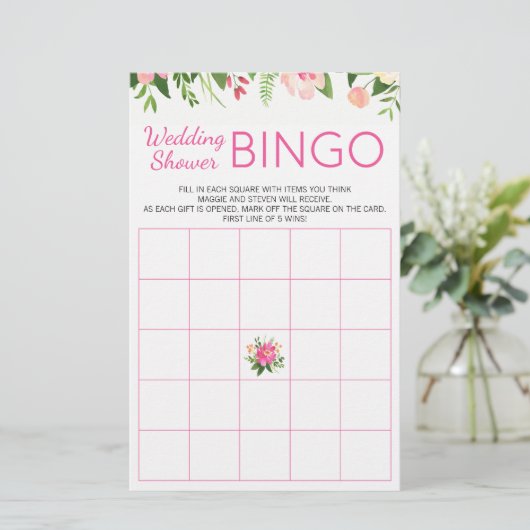Helder Roze Bloemige Trouw Bruiloft Bingo Spel (Staand voorkant)