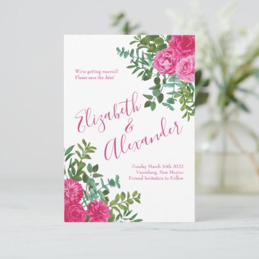 Helder Roze Bloemige Trouw Save the Date Kaart (Staand voorkant)