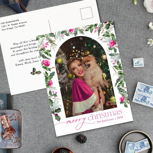 Helder roze botanische boog 1 foto Vrolijk kerstfe Briefkaart