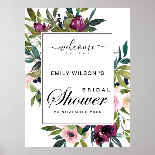 HELDER ROZE BURGUNDY FLORALE BRUIDSSHOWER WELKOM POSTER (Voorkant)