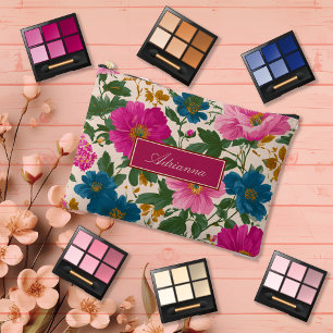 Helder roze en blauwe bloemen op crème etui