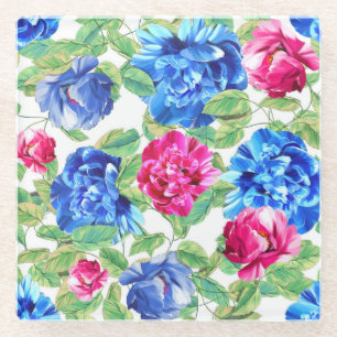 Helder roze en blauwe bloemige mooie patroon glazen onderzetter
