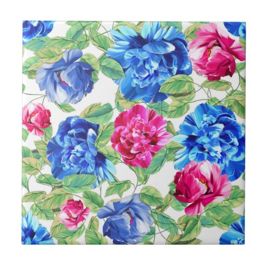 Helder roze en blauwe bloemige mooie patroon tegeltje (Voorkant)