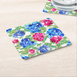 Helder roze en blauwe bloemrijke mooie patroon kartonnen onderzetters