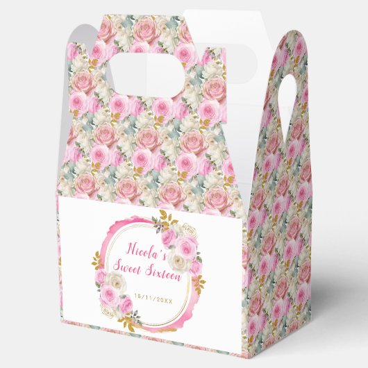 Helder Roze en Goud Elegante Bloemen Sweet Sixteen Bedankdoosjes (Geopend)