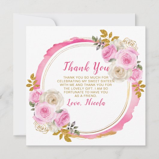 Helder Roze en Goud Elegante Bloemen Sweet Sixteen Bedankkaart (Voorkant)