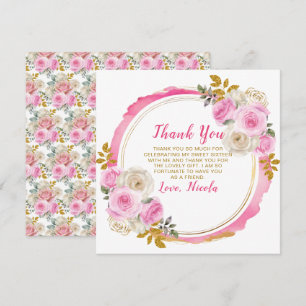 Helder Roze en Goud Elegante Bloemen Sweet Sixteen Bedankkaart