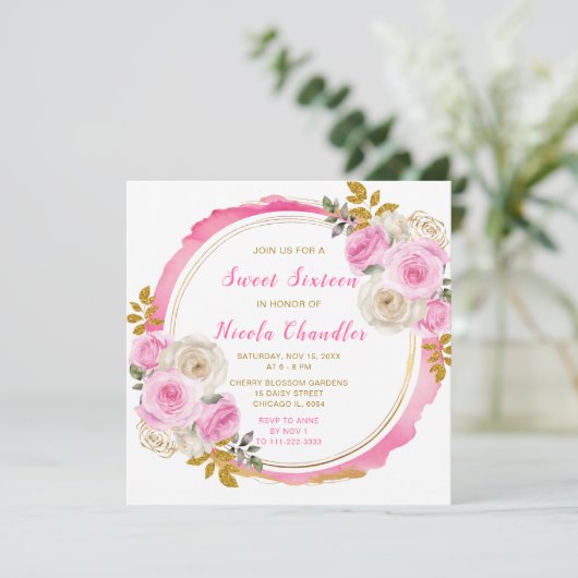 Helder Roze en Goud Elegante Bloemen Sweet Sixteen Kaart (Staand voorkant)