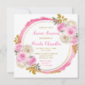 Helder Roze en Goud Elegante Bloemen Sweet Sixteen Kaart (Voorkant)