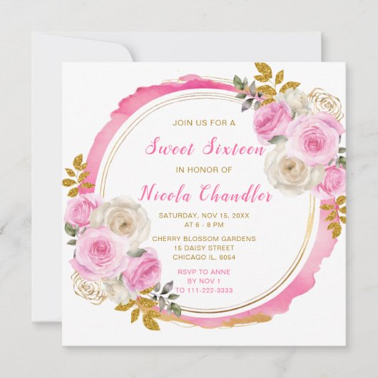 Helder Roze en Goud Elegante Bloemen Sweet Sixteen Kaart (Voorkant)