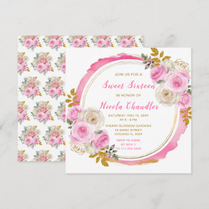 Helder Roze en Goud Elegante Bloemen Sweet Sixteen Kaart