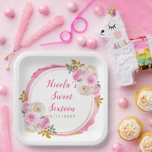 Helder Roze en Goud Elegante Bloemen Sweet Sixteen Papieren Bordje (Feest)