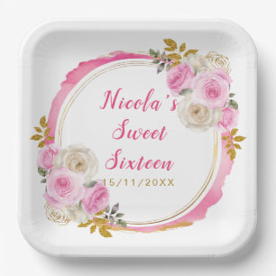 Helder Roze en Goud Elegante Bloemen Sweet Sixteen Papieren Bordje