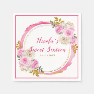 Helder Roze en Goud Elegante Bloemen Sweet Sixteen Servet